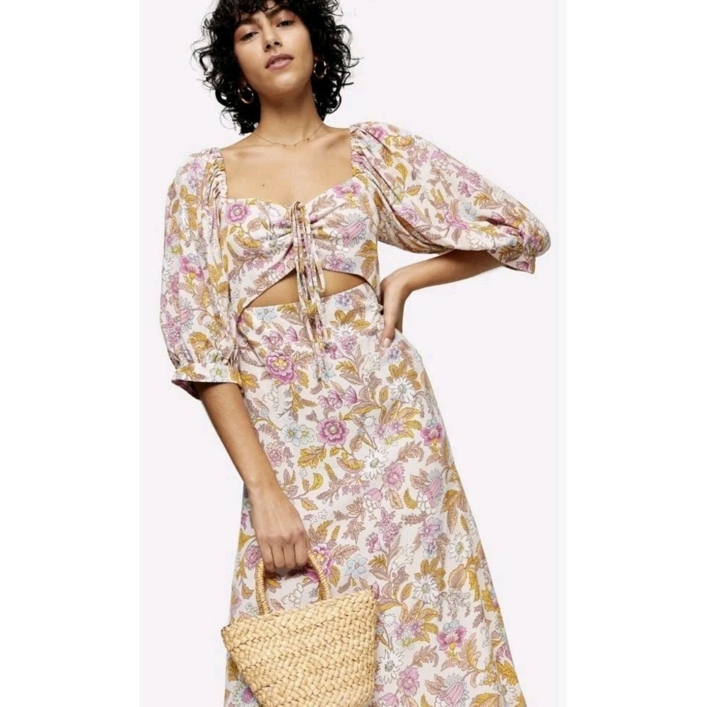 NEW Topshop Women 0P Puff Cap Sleeve Keyhole Floral Whimsy Boho Cottage Tie Bust